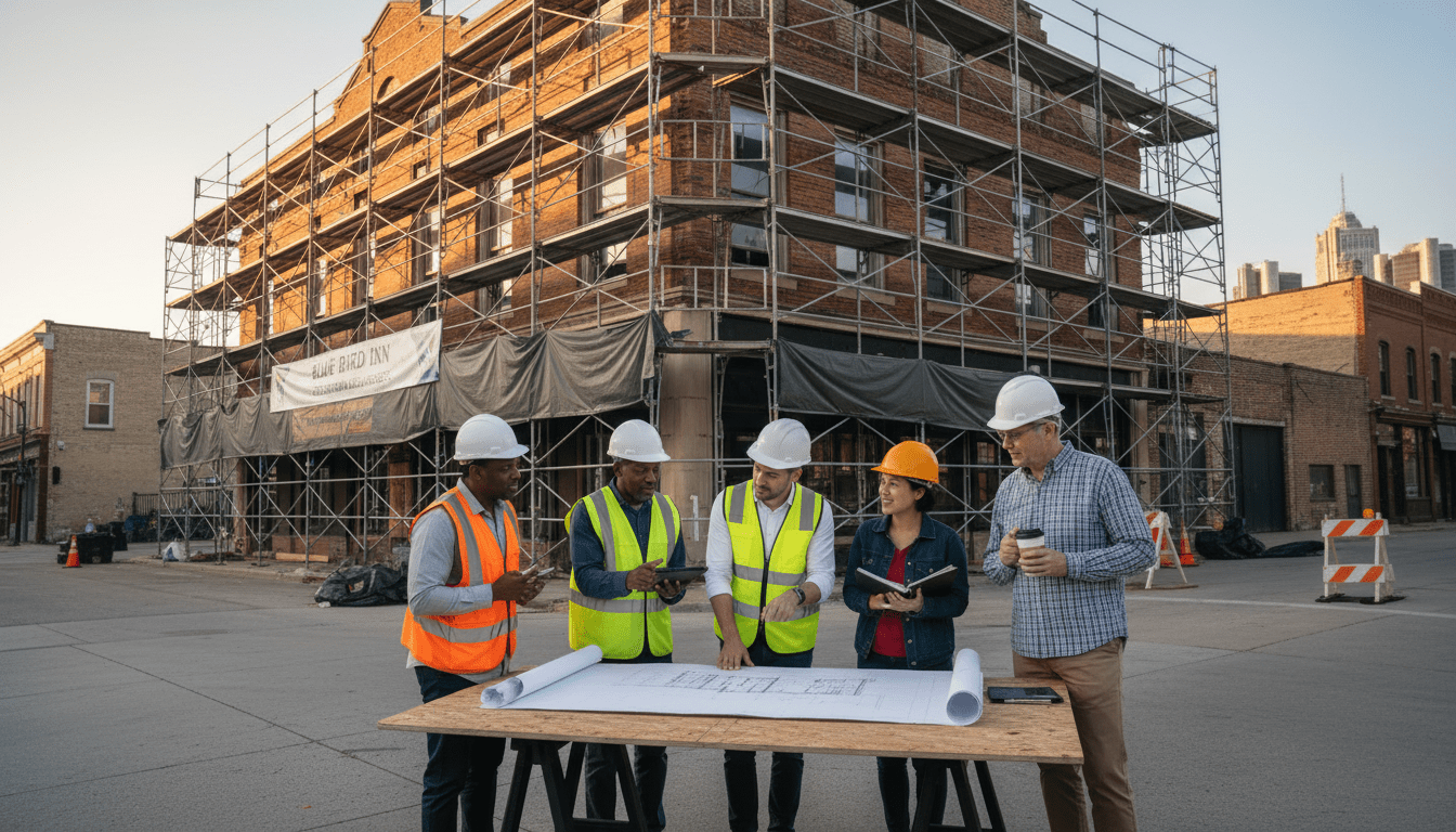 Construction crew working on Detroit historic preservation project at the Blue Bird Inn