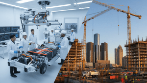 Detroit job market illustration showing construction cranes and modern tech office environments