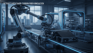 Robotic arm working on advanced materials manufacturing in a high-tech Detroit facility