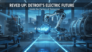 Robotic arm assembling an electric drivetrain technology unit in a Detroit factory