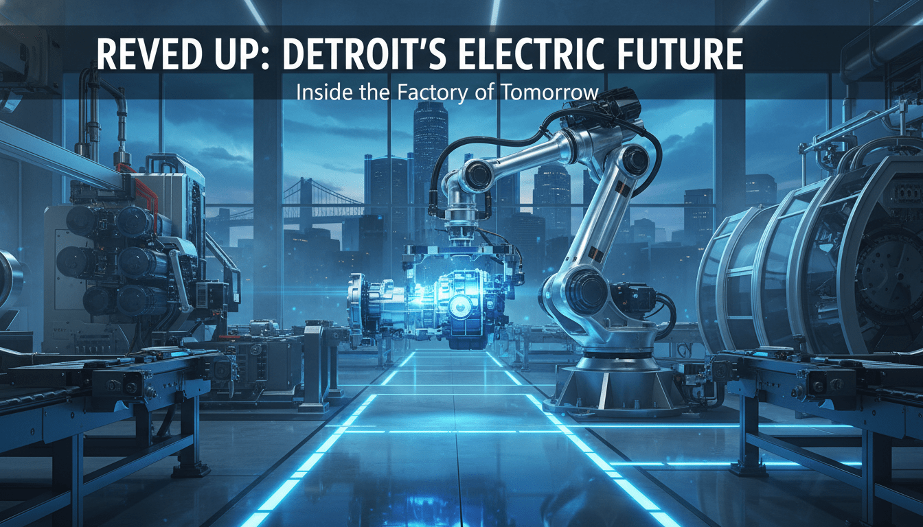 Robotic arm assembling an electric drivetrain technology unit in a Detroit factory