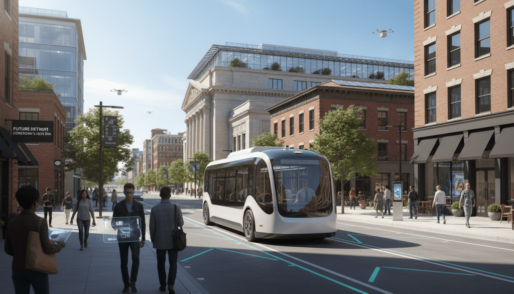 Autonomous shuttle driving on a smart road as part of Detroit mobility projects near Michigan Central Station