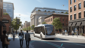 Autonomous shuttle driving on a smart road as part of Detroit mobility projects near Michigan Central Station
