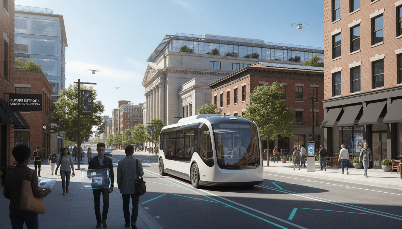 Autonomous shuttle driving on a smart road as part of Detroit mobility projects near Michigan Central Station