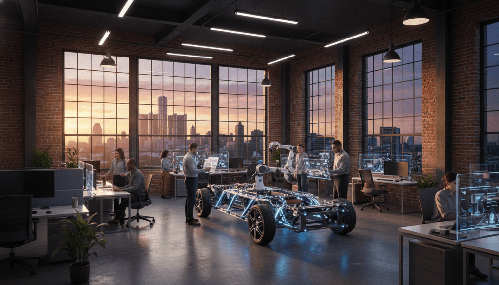Engineers working on a prototype vehicle at one of the Detroit mobility startups inside a renovated industrial space.