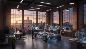 Engineers working on a prototype vehicle at one of the Detroit mobility startups inside a renovated industrial space.