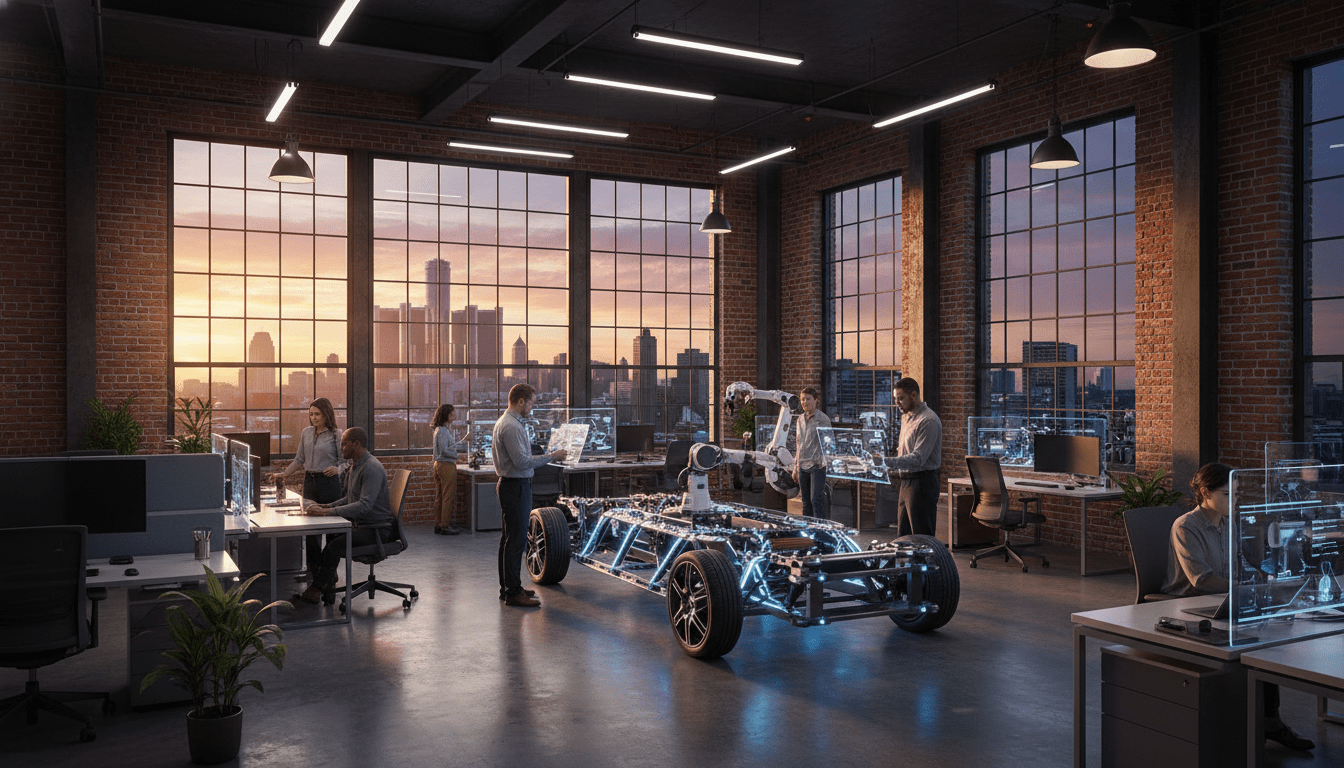 Engineers working on a prototype vehicle at one of the Detroit mobility startups inside a renovated industrial space.