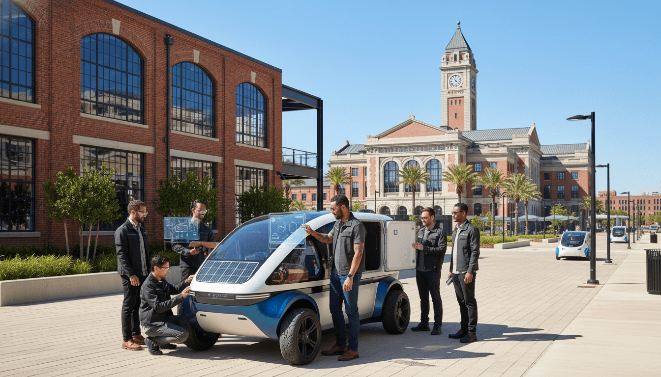 Engineers working on a prototype vehicle representing Detroit mobility startups at Michigan Central