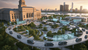 Detroit mobility innovation hub featuring autonomous vehicles near Michigan Central Station