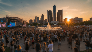 Crowd at Hart Plaza during one of the major Detroit music festivals with the Renaissance Center in the background