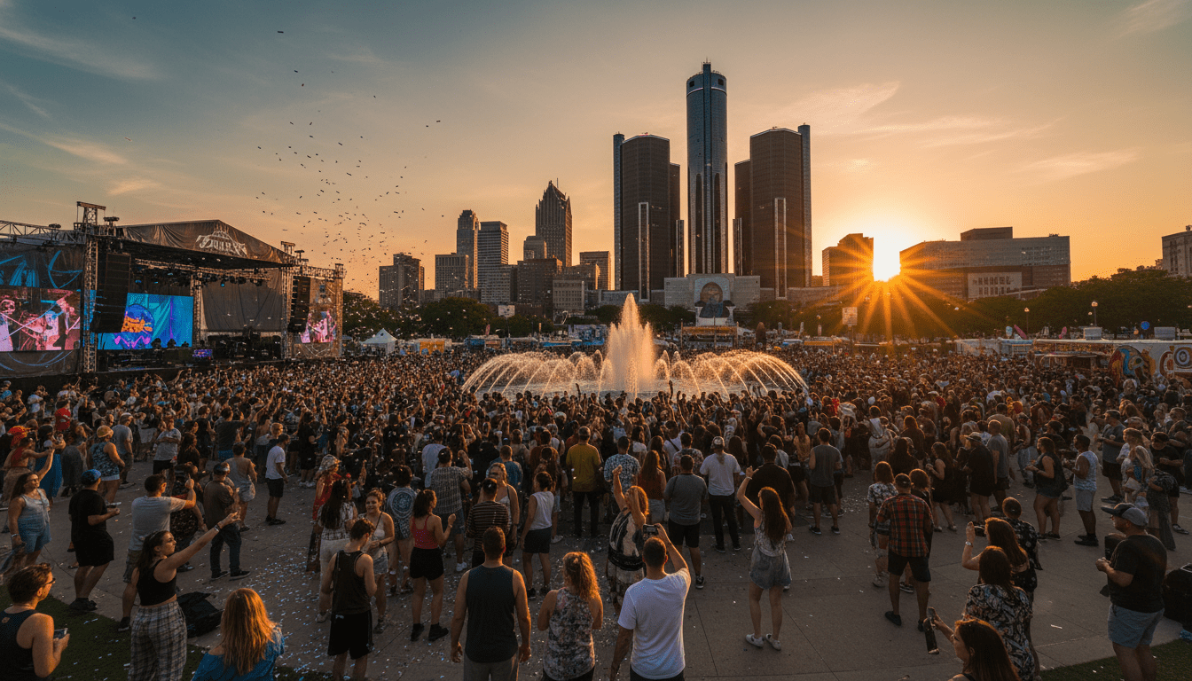 Crowd at Hart Plaza during one of the major Detroit music festivals with the Renaissance Center in the background