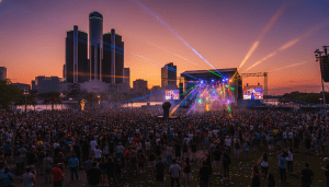 Crowd gathered at Hart Plaza for one of the major Detroit music festivals with the Renaissance Center in the background