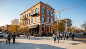 Renovated mixed-use building illustrating Detroit neighborhood revitalization