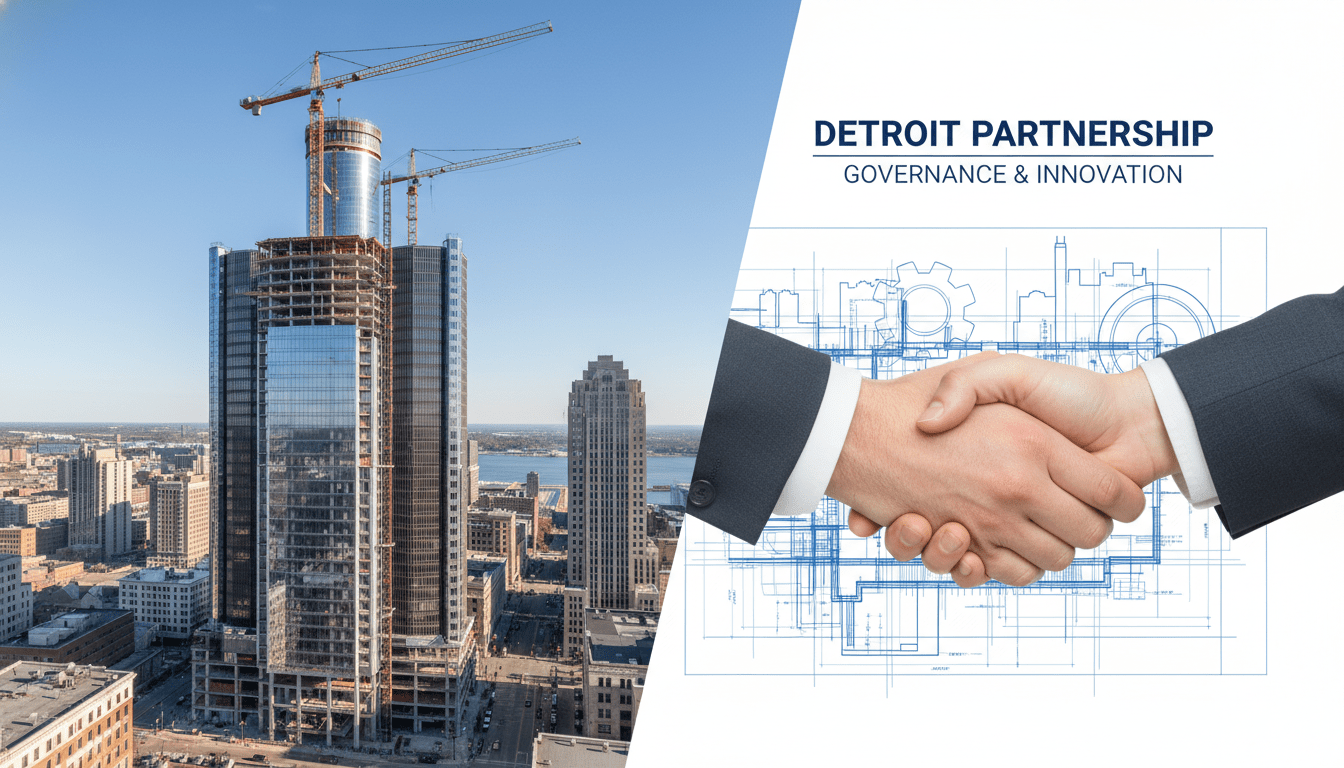 Construction cranes over downtown Detroit representing Detroit public-private partnerships