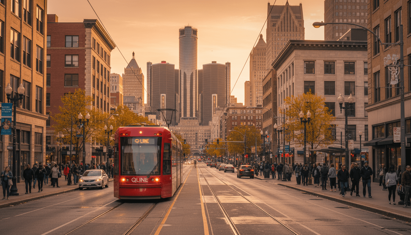 Red QLine streetcar traveling on Woodward Avenue representing Detroit public transit expansion