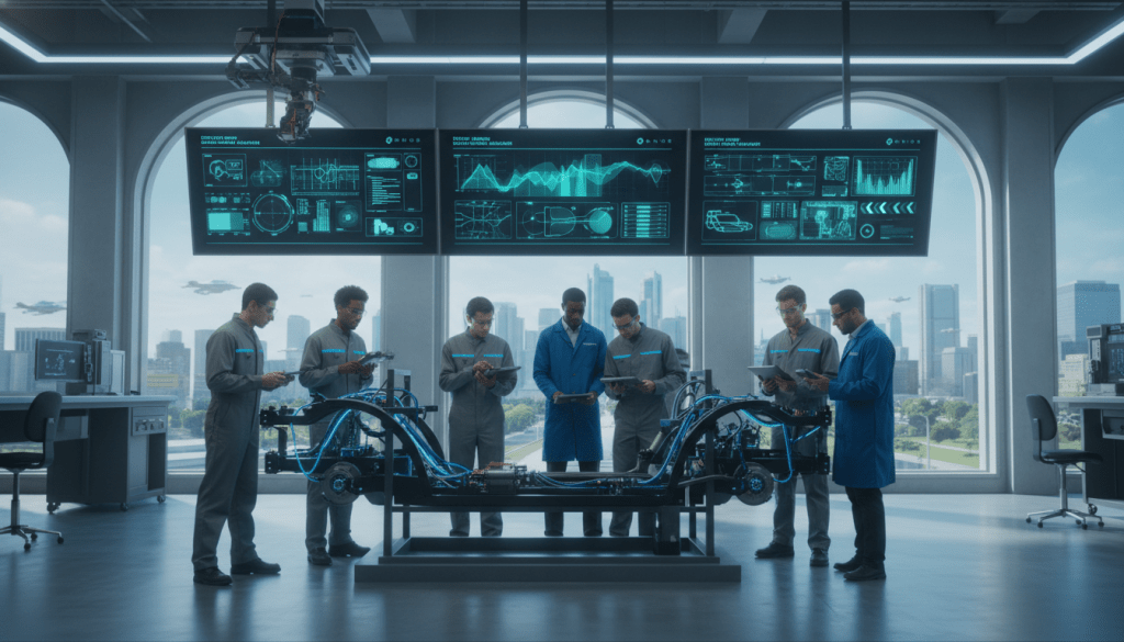 Students in a high-tech lab participating in Detroit mobility workforce training on an electric vehicle chassis