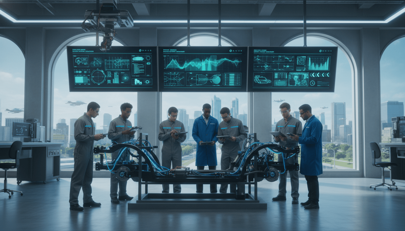 Students in a high-tech lab participating in Detroit mobility workforce training on an electric vehicle chassis