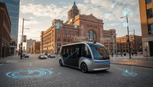 A test car conducting autonomous vehicle research near Michigan Central Station in Detroit