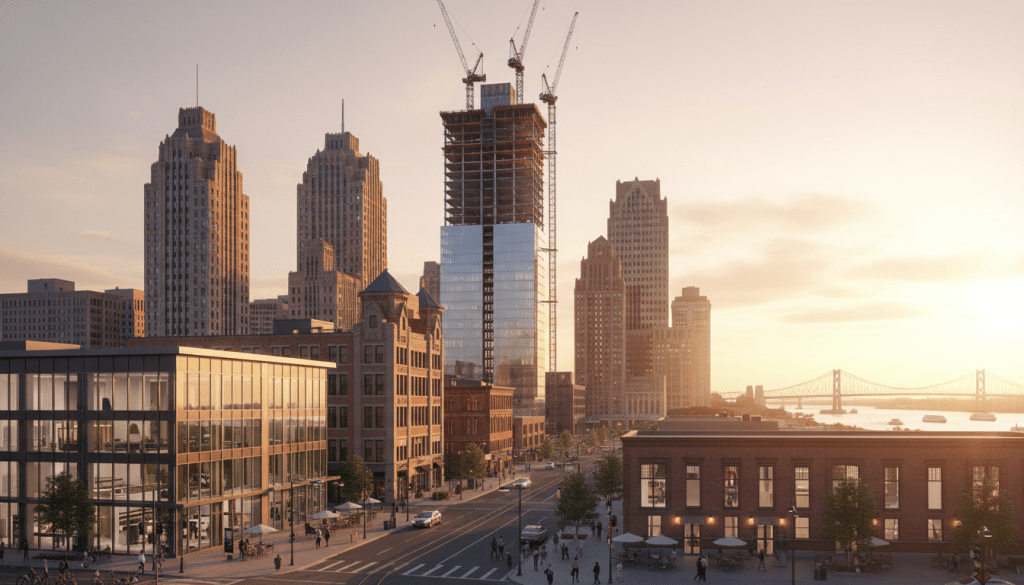 Construction cranes overlooking a major Detroit real estate development project in the downtown area