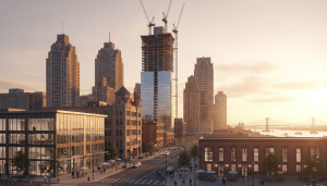 Construction cranes overlooking a major Detroit real estate development project in the downtown area