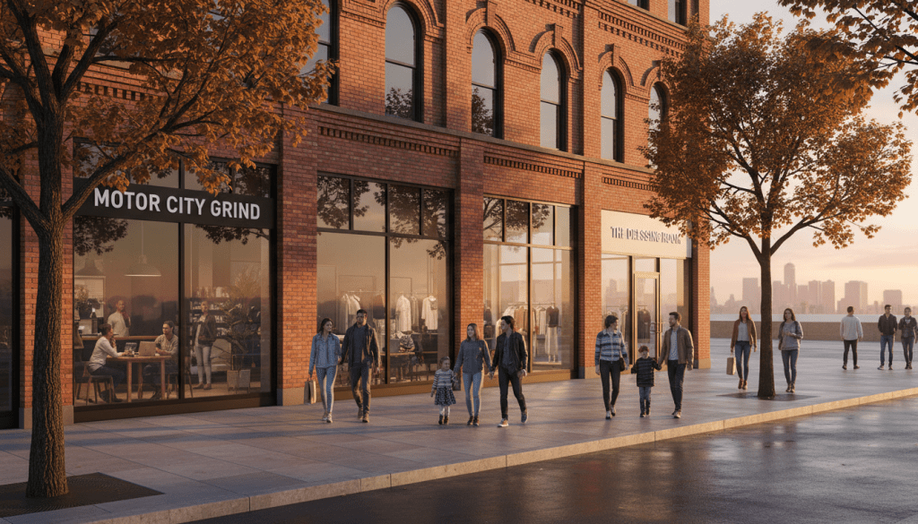 Newly renovated mixed-use building illustrating Detroit retail development in a local neighborhood