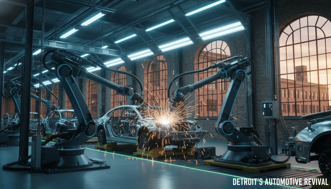 Robotic arms on an assembly line representing the future of Detroit car manufacturing and electric vehicles