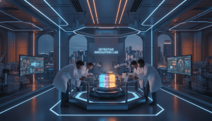 Engineers inspecting advanced EV battery technology at a Detroit innovation center