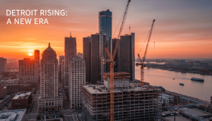 Construction cranes on the skyline representing Detroit economic growth