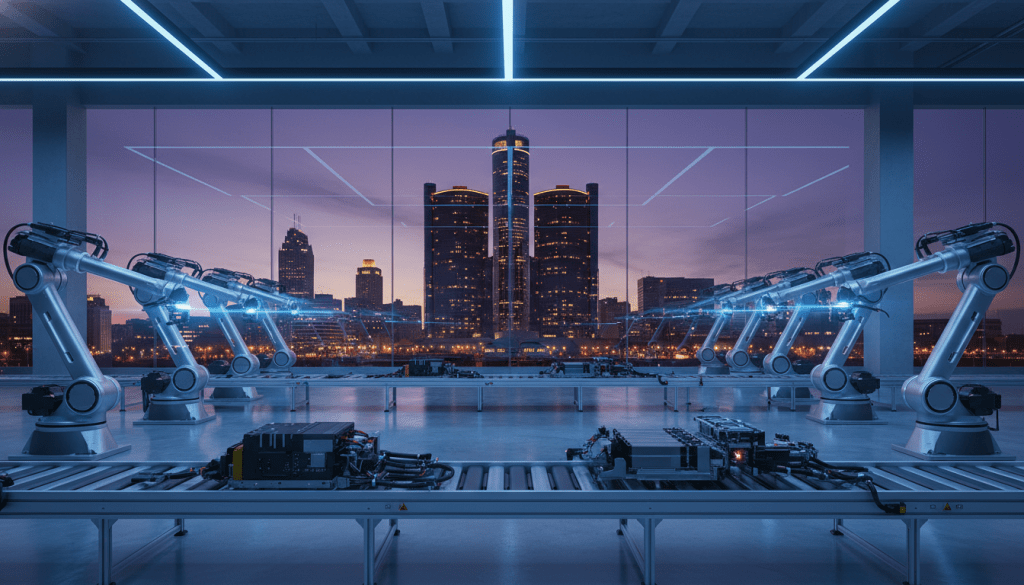 Robotic arms in a smart factory illustrating advanced manufacturing in Detroit