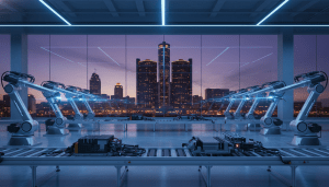 Robotic arms in a smart factory illustrating advanced manufacturing in Detroit