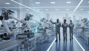 Robotic arms on an assembly line representing advanced manufacturing in Detroit