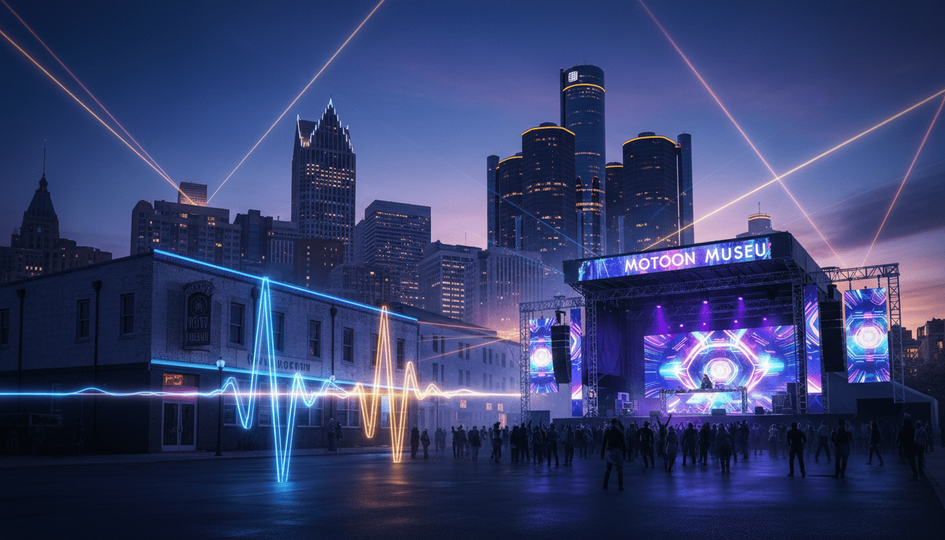 Detroit music legacy skyline featuring Motown Museum and festival lights