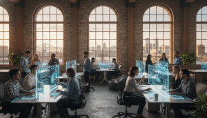 Diverse professionals collaborating in a modern office representing the growing Detroit tech workforce