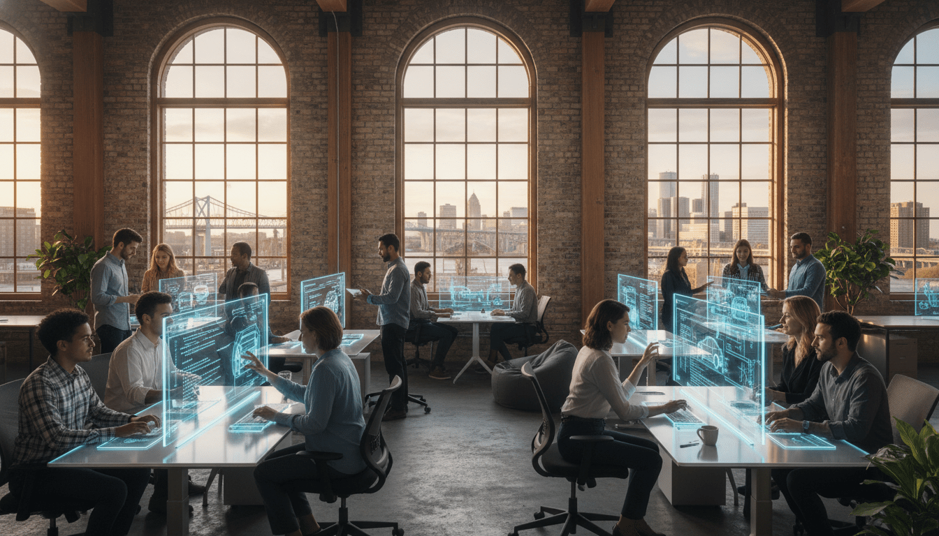 Diverse professionals collaborating in a modern office representing the growing Detroit tech workforce