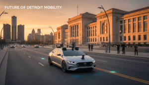Autonomous vehicles Detroit test car driving near Michigan Central Station