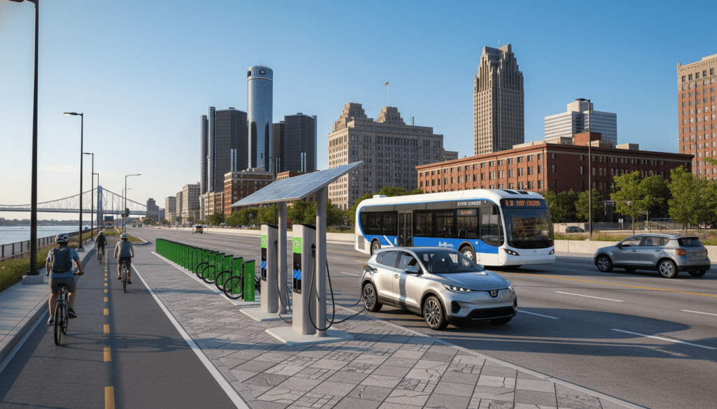 A modern electric bus and cyclists using a bike lane representing sustainable transportation Detroit