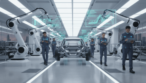 Detroit smart manufacturing facility with robotic arms and workers using digital tablets