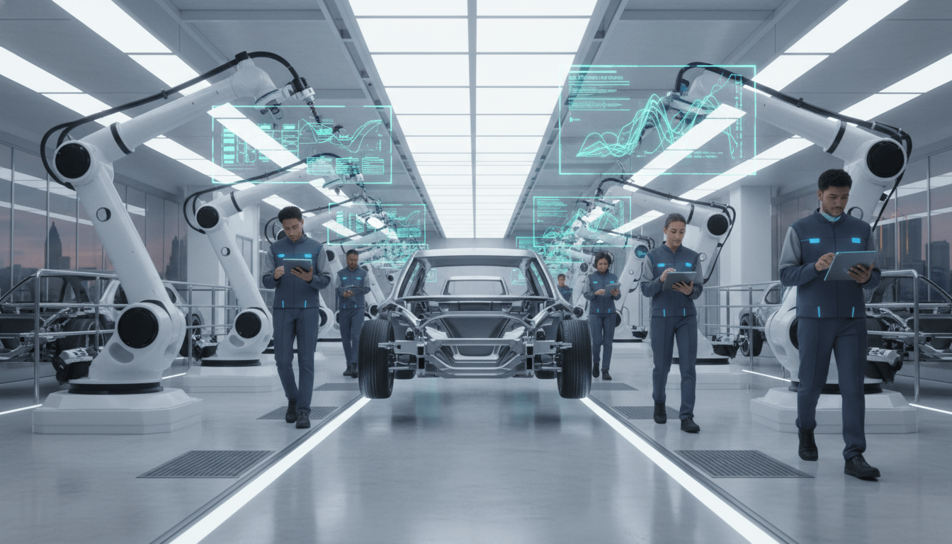 Detroit smart manufacturing facility with robotic arms and workers using digital tablets