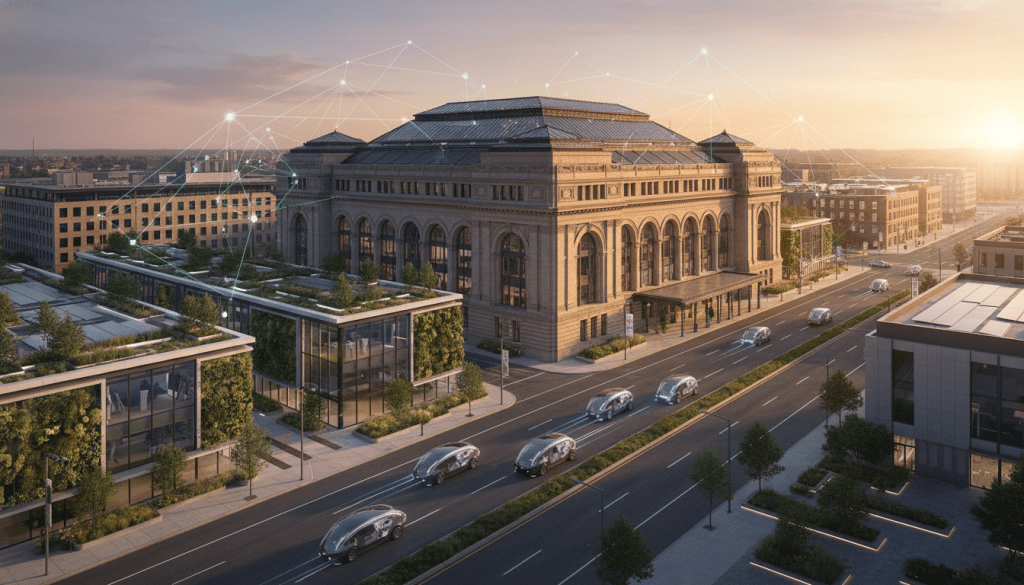 Autonomous electric vehicle driving near Michigan Central Station illustrating the Detroit smart mobility ecosystem