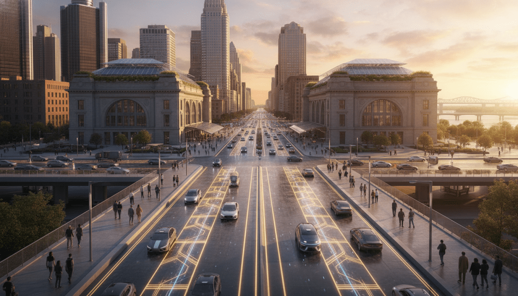 Autonomous electric vehicle driving on a Detroit smart mobility connected roadway near Michigan Central Station
