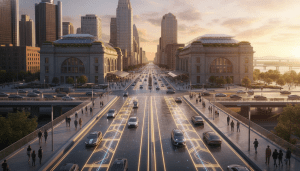 Autonomous electric vehicle driving on a Detroit smart mobility connected roadway near Michigan Central Station