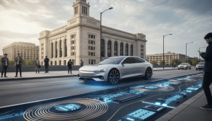 Electric vehicle driving on Detroit smart roadways with wireless charging technology near Michigan Central Station