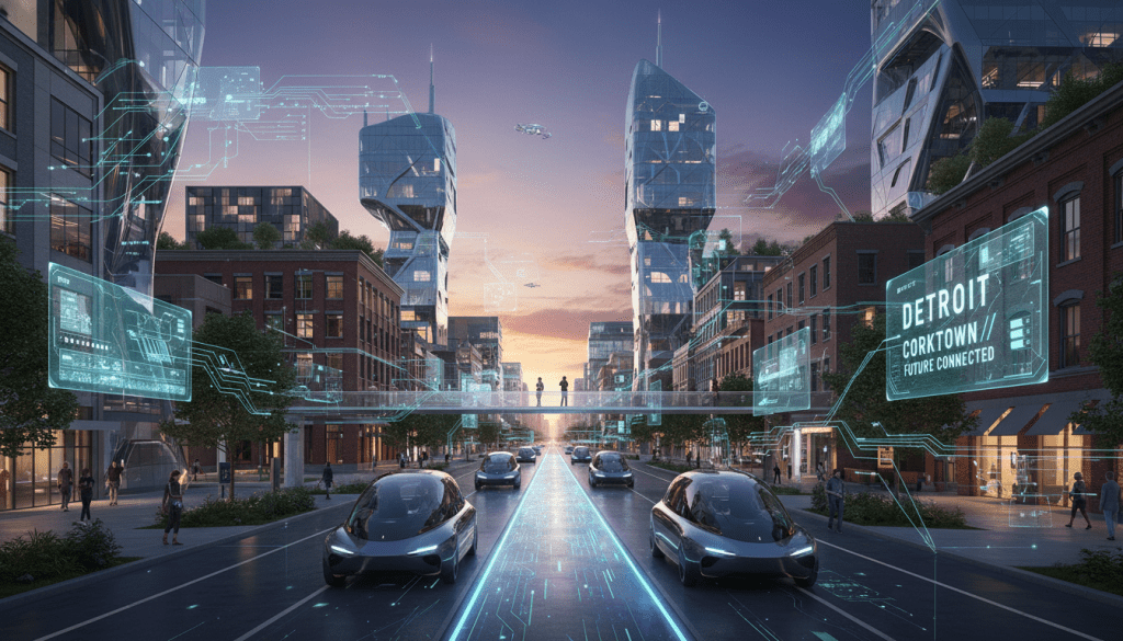 Electric vehicle driving on a Detroit smart transportation wireless charging road in Corktown