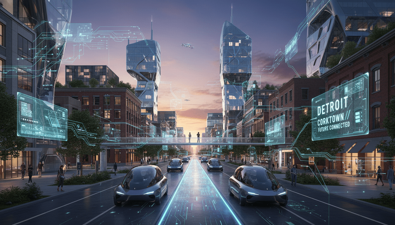 Electric vehicle driving on a Detroit smart transportation wireless charging road in Corktown