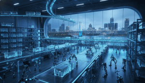 Automated robots working in a modern warehouse illustrating Detroit supply chain modernization