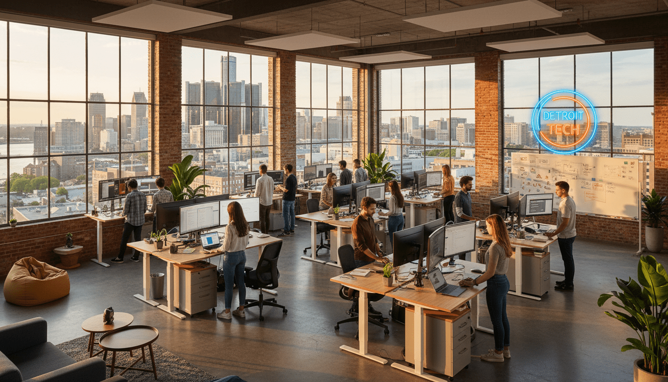 Employees collaborating at a Detroit tech startups office with the city skyline in the background
