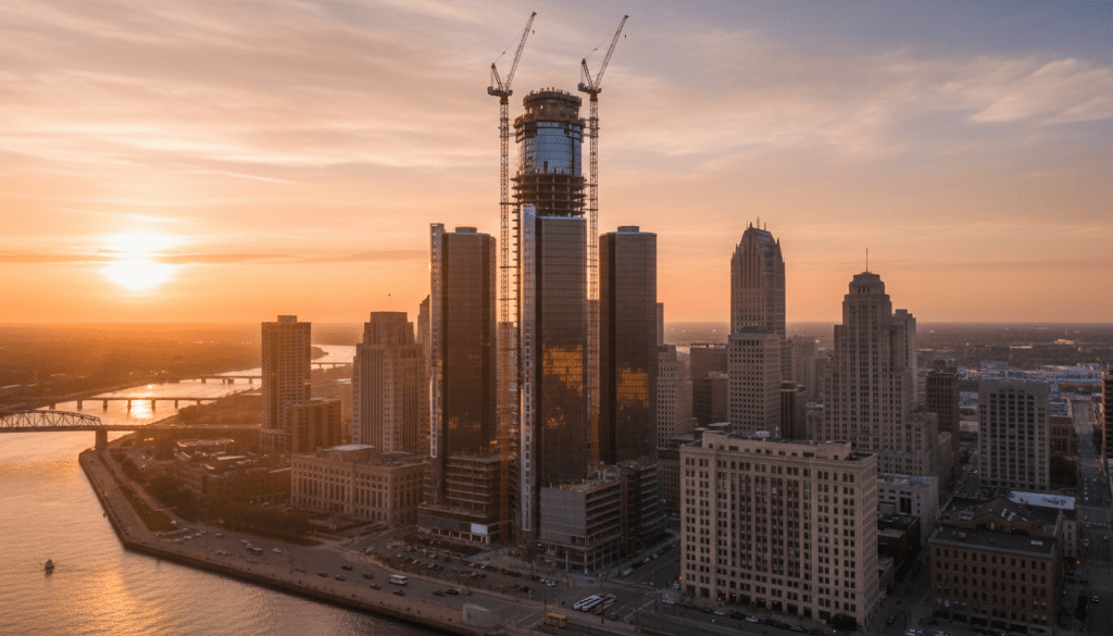 Construction cranes over the city skyline highlighting major Detroit urban renewal projects