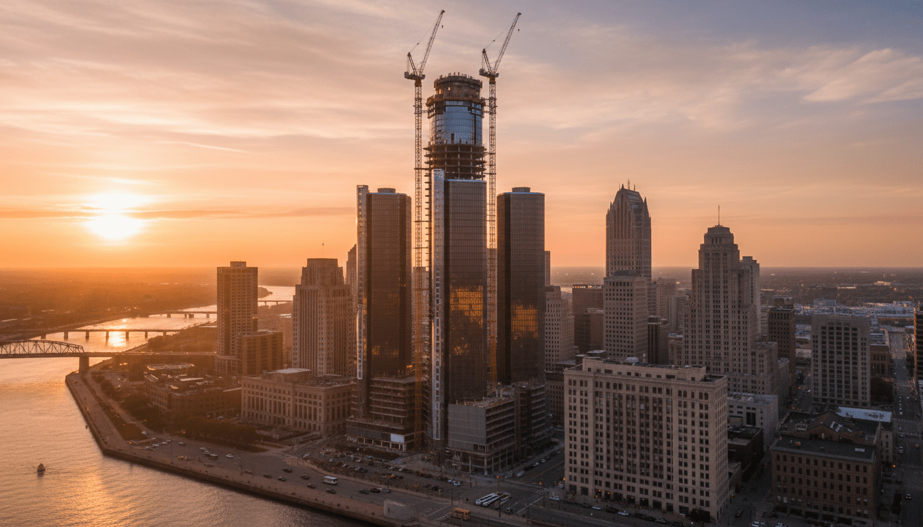 Construction cranes over the city skyline highlighting major Detroit urban renewal projects