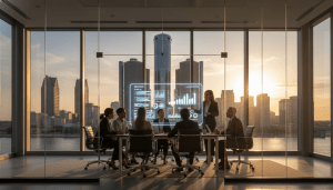 Detroit venture capital professionals meeting in a modern office overlooking the city skyline