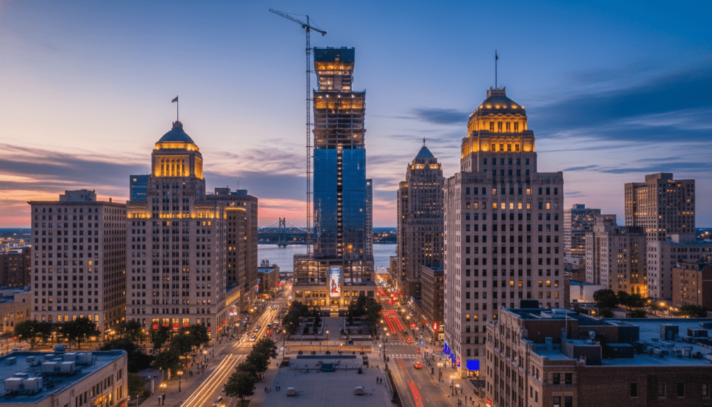 Construction cranes over the skyline highlighting Downtown Detroit revitalization efforts
